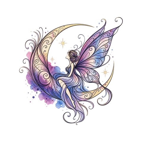 A lilac-winged fairy resting on a crescent moon