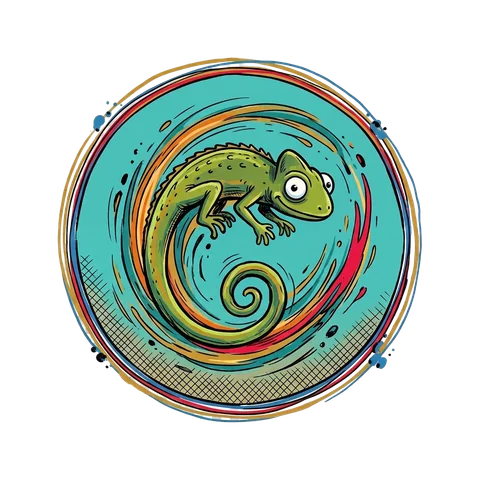A hand-inked chameleon curled inside a teal circle