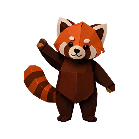 A geometric folded-paper red panda waving