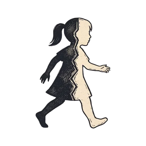 A running girl rendered as ink silhouette and cream cutout